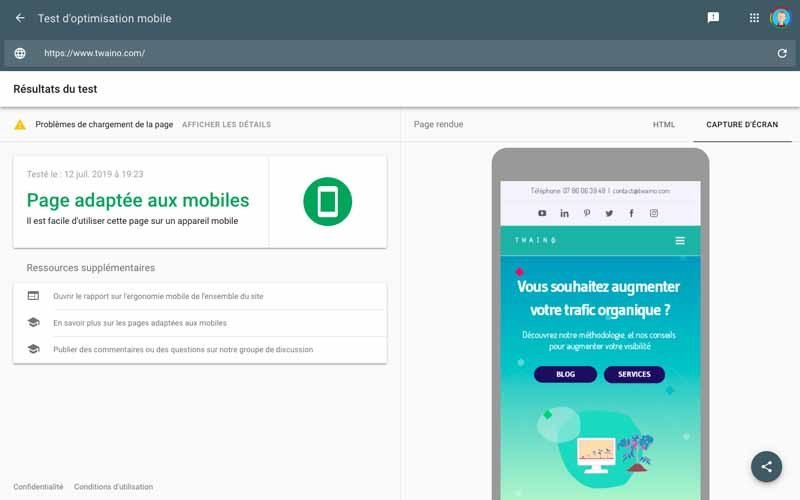 Google mobile friendly test pour Twaino
