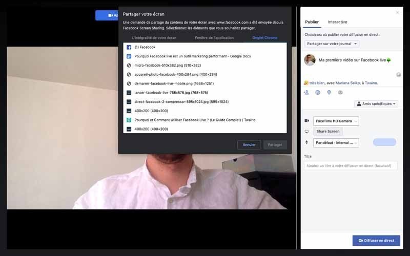 Paratager ecran onglet chrome facebook live