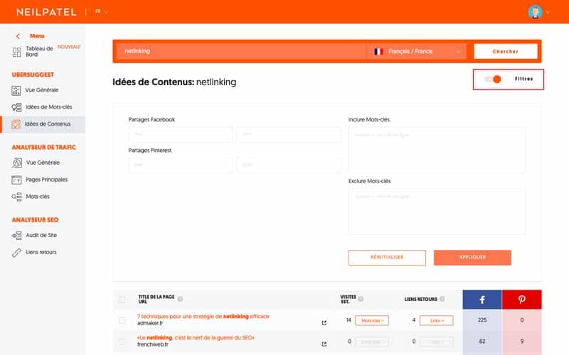 Filtres Ubersuggest