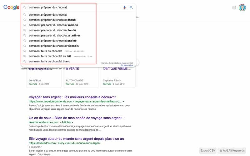 Requete comment preparer du chocolat avec suggestion Google