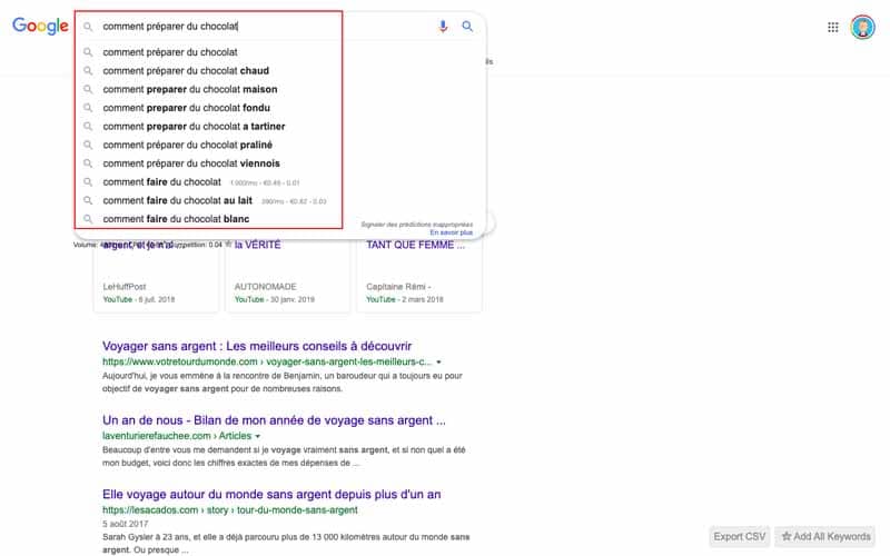 Requete comment preparer du chocolat avec suggestion Google