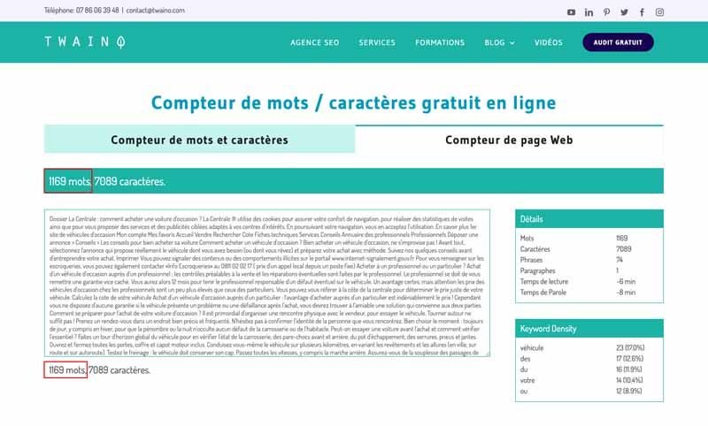 Résultat compteur de mots Twaino