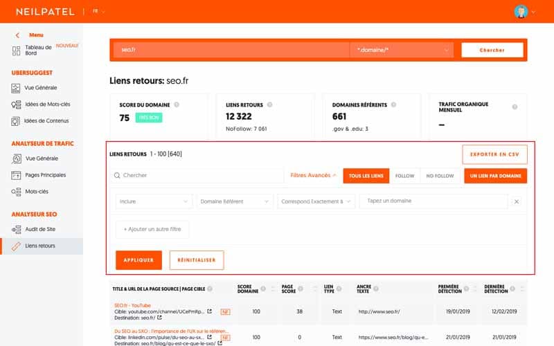 Liens retours filtre avance