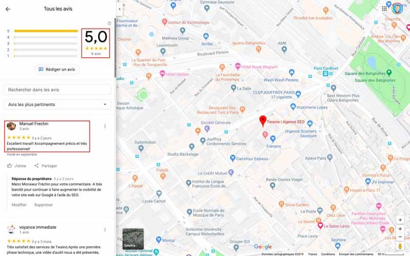 Reviews commentaires google maps twaino