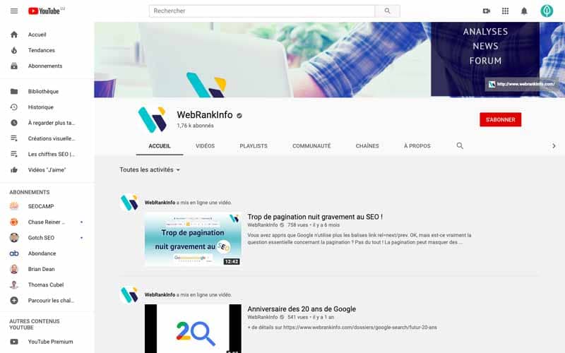 Chaine Youtube Webranking info
