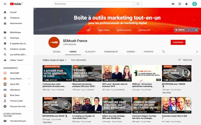 Chaine Youtube SemRush