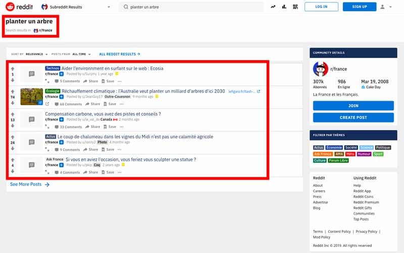 Chercher les sujets sur reddit