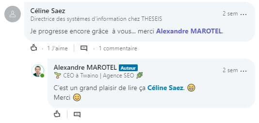 Commentaire encourageant et emouvant sur LinkedIn a l adresse de twaino