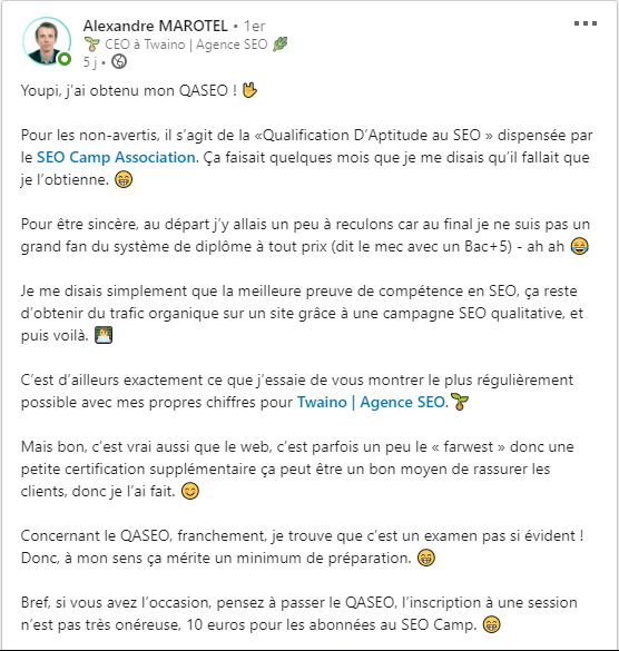 Publication LinkedIn sur l_obtention du QASEO