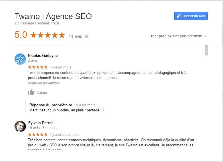 Avis des clients de twaino sur Google my business