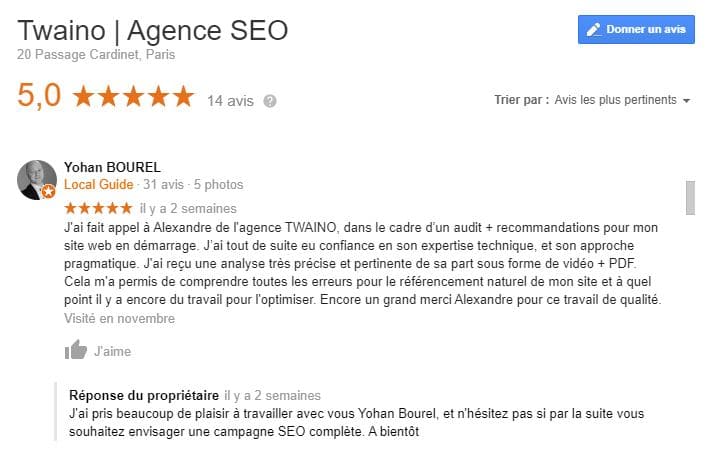 Avis des clients de twaino sur Google My Business bis