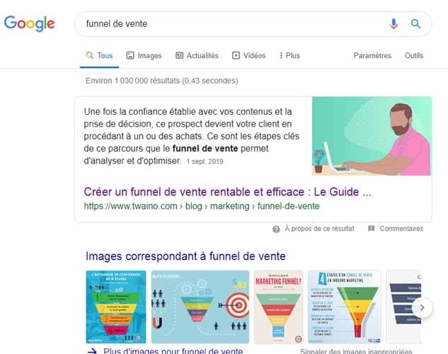 Article de twaino dans le featured snippet