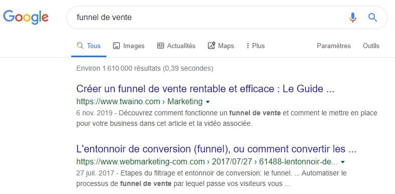 Plus de featured snippet pour la requete funnel de vente