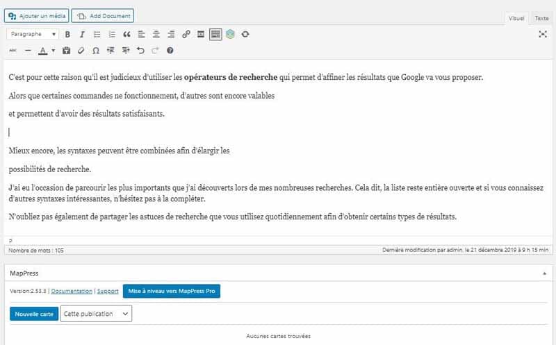 Inserer la carte dans l editeur avec le plugin MapPress