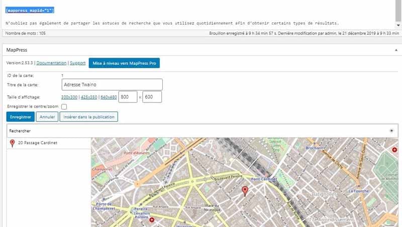 Inserer la carte dans l editeur avec le plugin MapPress