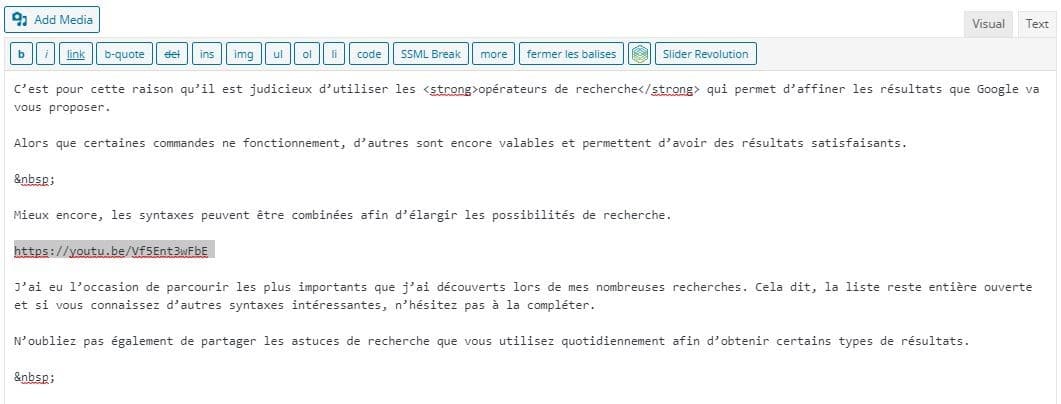 Integrer le code de la video YouTube dans l editeur