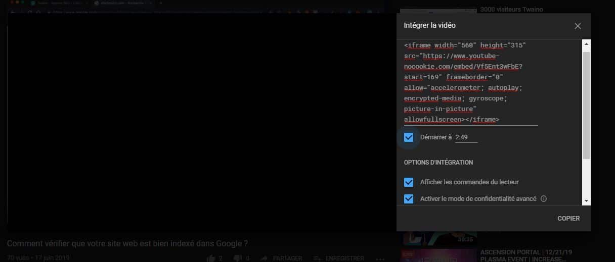 Integrer une video YouTube qui commence a un temps precis dans un article 3