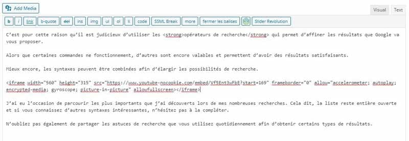 Integrer le code de la video YouTube dans l editeur