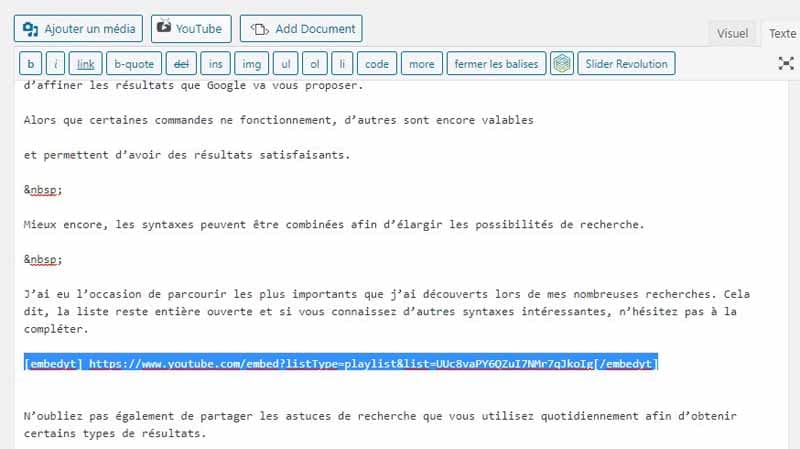 Le lien de la chaine integrer avec le Plugin YouTube Embed