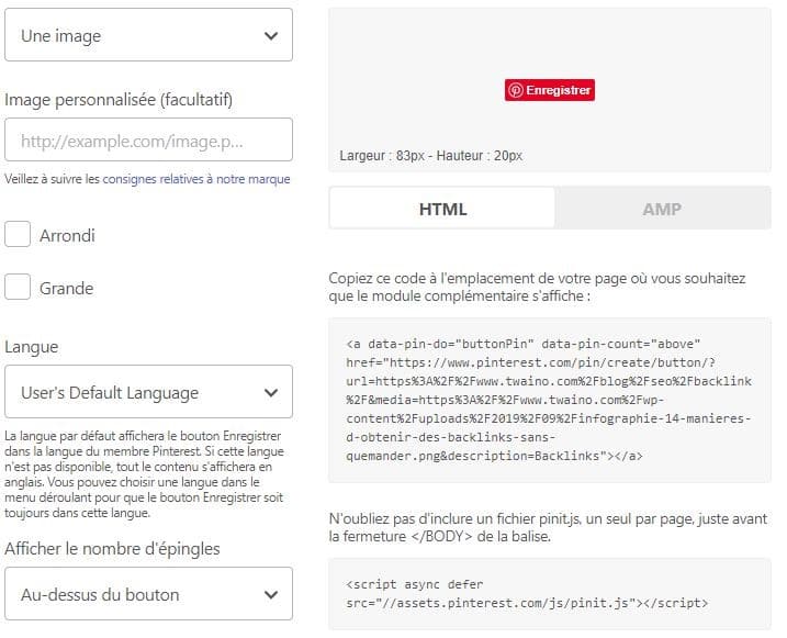 Les options pour generer le bouton Pinterest