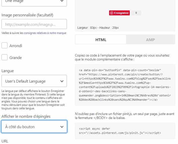 Copier le code embed generer pour le bouton Pinterest