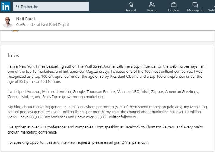Profil Linkedin de Neil Patel