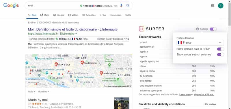 Choix du pays avec Keyword Surfer