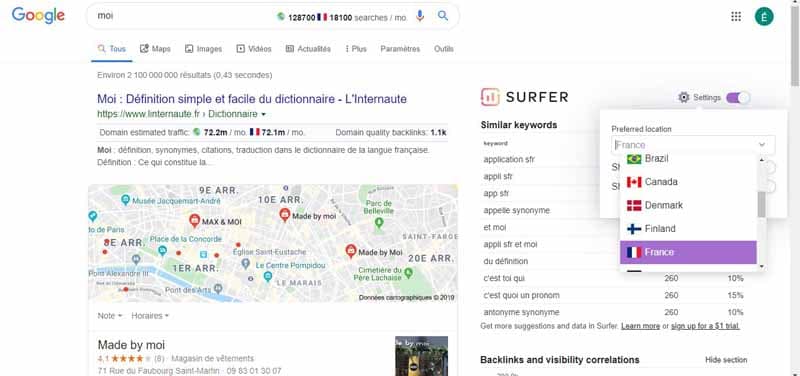 Choix du pays prefere avec Keyword Surfer