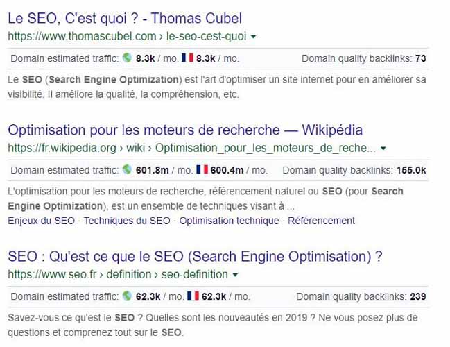 Les donnees des domaines dans les SERPs avec Keyword Surfer