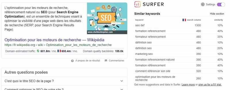 Les mots cles similaires avec Keyword Surfer