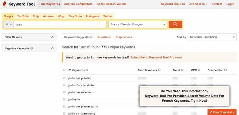 Resusltat de la recherche d idees de mots cles avec Keywordtool66 Resusltat de la recherche d idees de mots cles avec Keywordtool