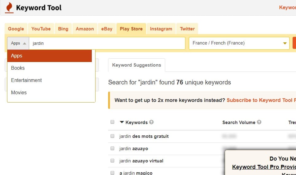 Filtre des resultats de Play Store avec Keywordtool