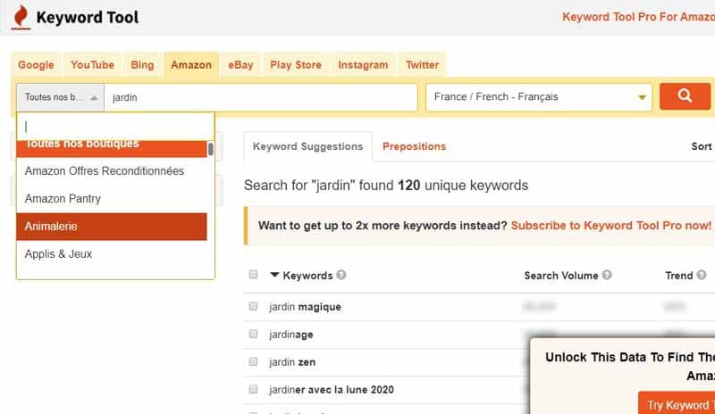 Filtre des resultats de Amazon avec Keywordtool