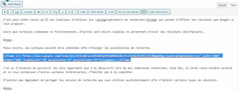 Coller le code d_integration du Google form dans votre article