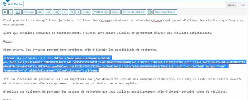 Collez le code d integration du Google Maps dans l article