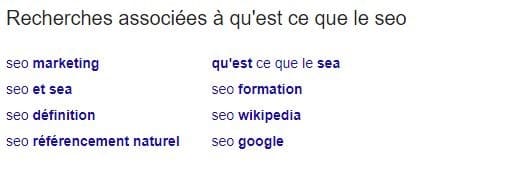 Les recherches associees a la requete proposees par Google