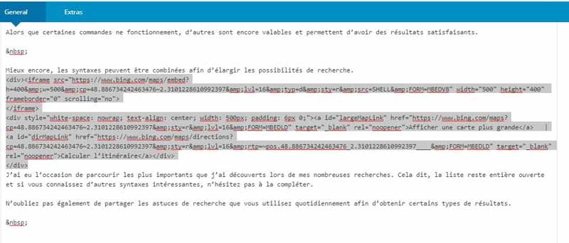 Coller le code d integration de Bing Maps dans l editeur