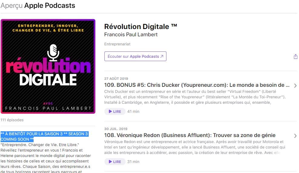 Compte Apple Podcasts de Revolution Digitale