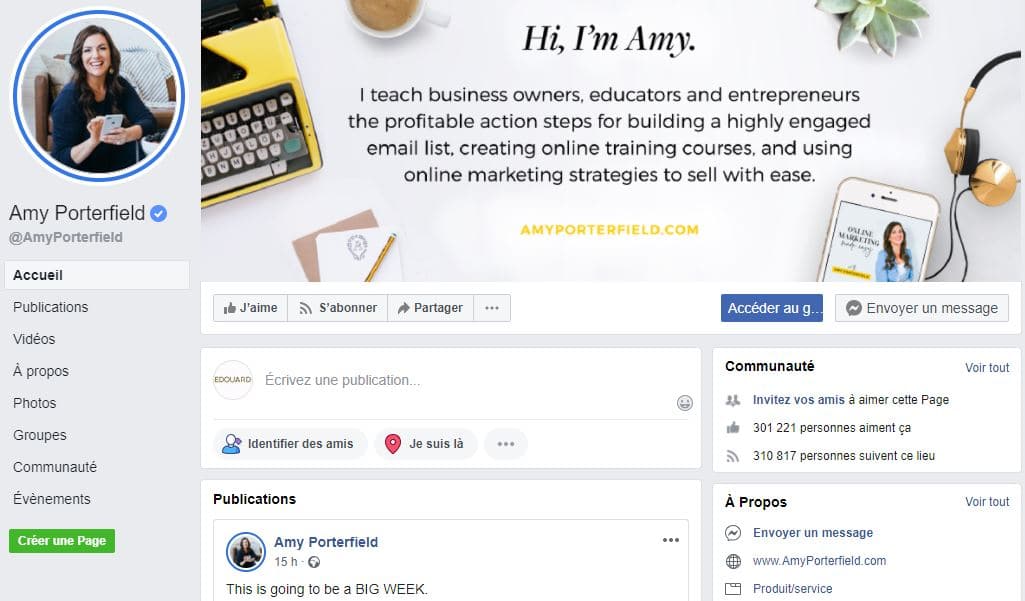 Page Facebook de Amy Porterfield