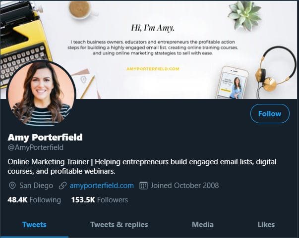 Page Twitter de Amy Porterfield