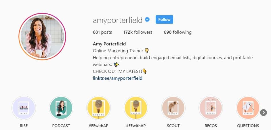 Page Instagram de Amy Porterfield