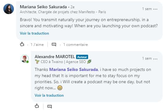 Appreciation de mon intervention sur le podcast de Captainmarketing