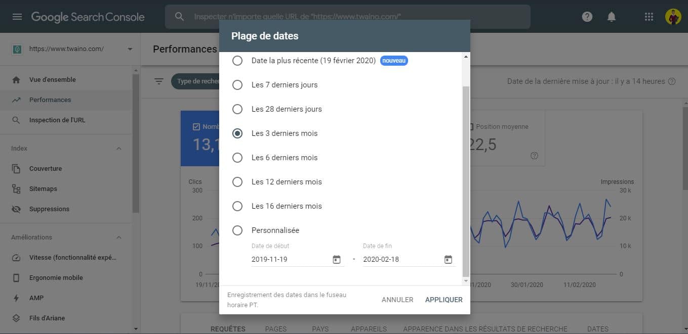 Choix de la date avec Google Search Console