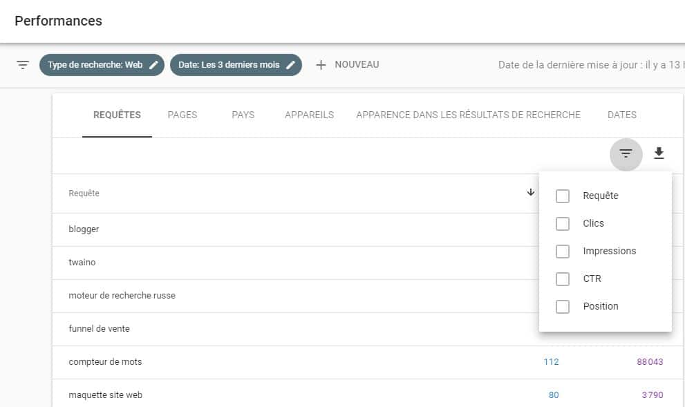 Filtres dans la Search Console