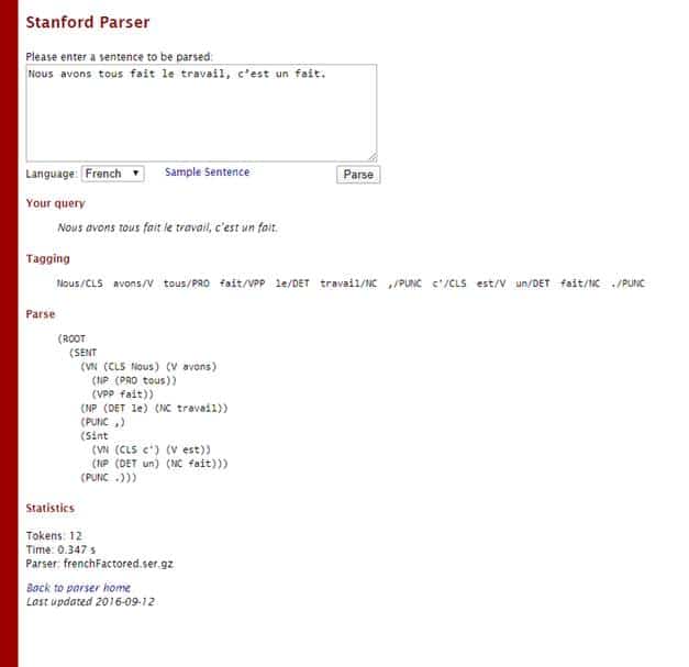 Resultat d analyse de le structure d une phrase avec le Stanford Parser