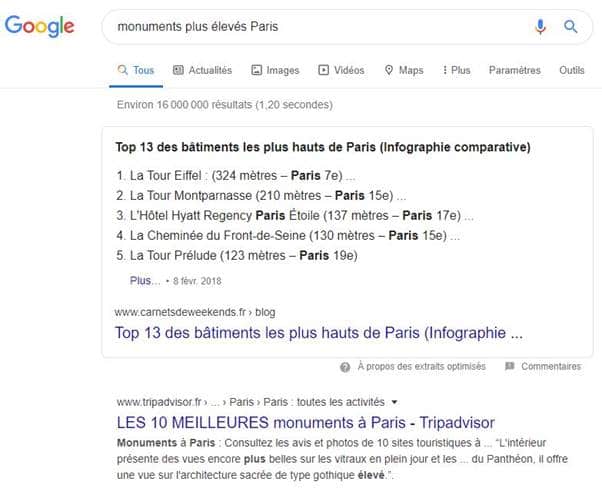 SERP pour les monuments eleves de paris