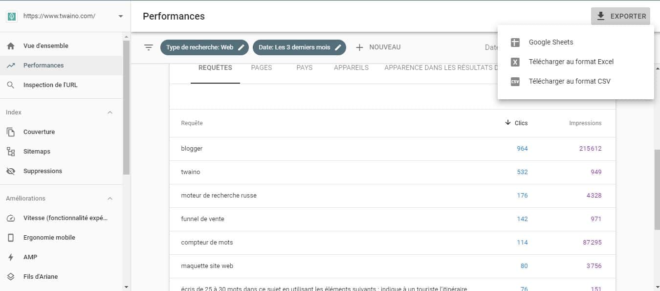 Exporter les requetes de la Search Console