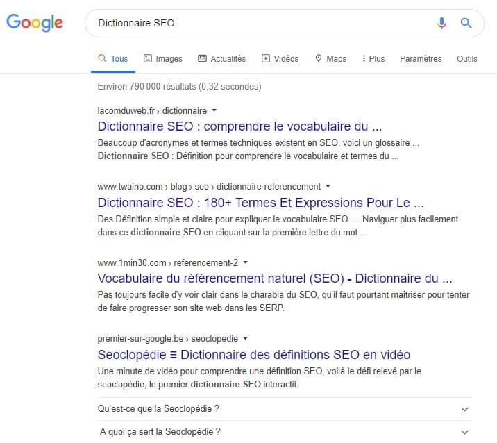 Twaino est en 2e position pour dictionnaire seo