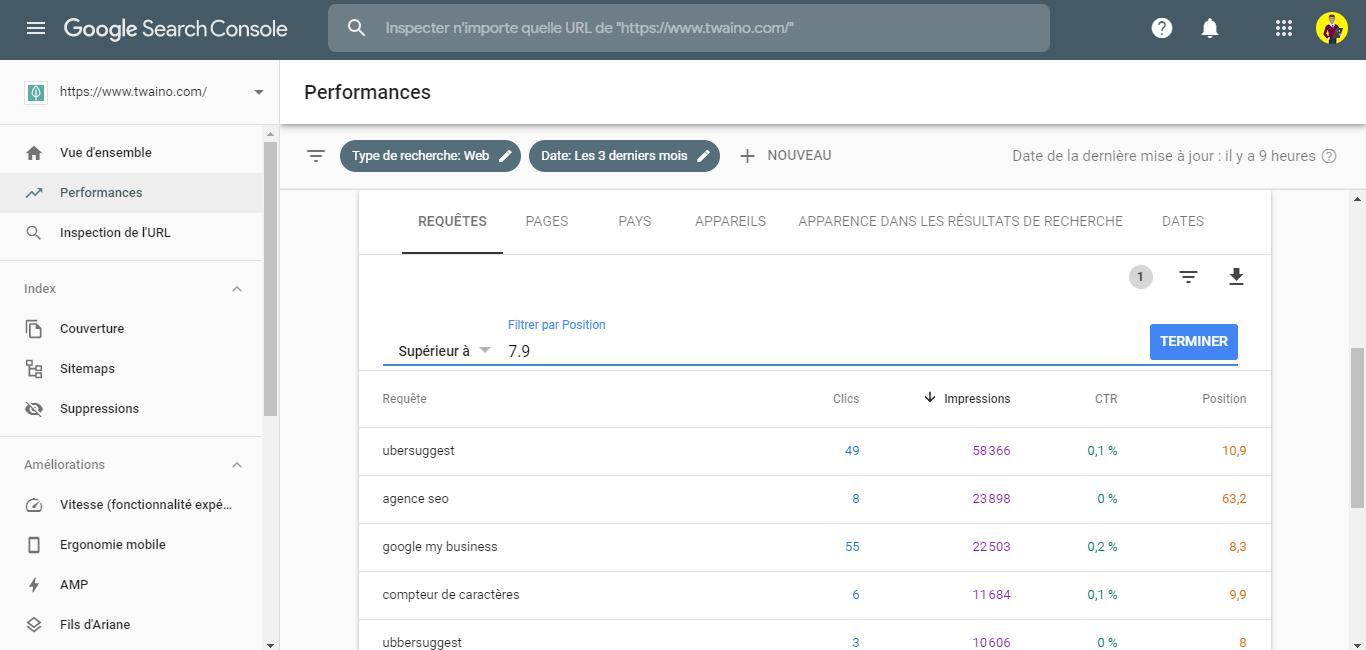 Filtrer les positions dans GSC