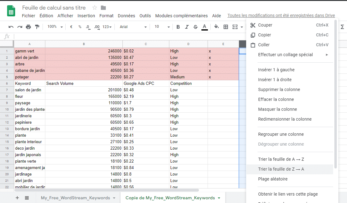 Filtrer les mots cles dans votre feuille de calcul